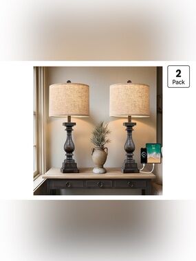 27" Farmhouse Black Table Lamp Set of 2 with USB A+C